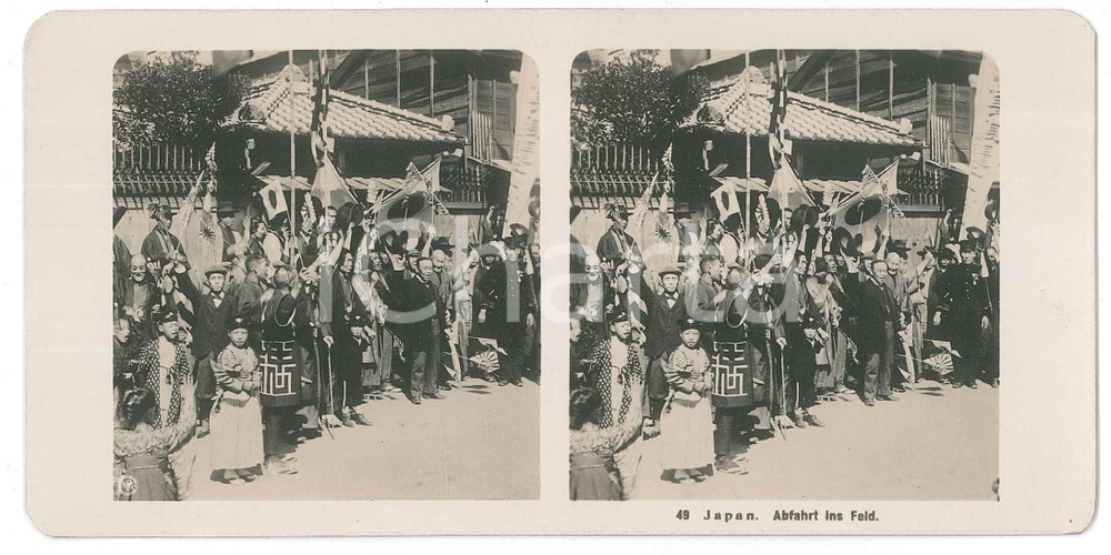 1910 ca JAPAN - Abfahrt ins Feld - ETHNIC Stereoview n° 49  Fotografia stereoscopica d'epoca.EDITORE: NPG  GOOD/buono  Formato: 18x9 cm originale e autentica 1