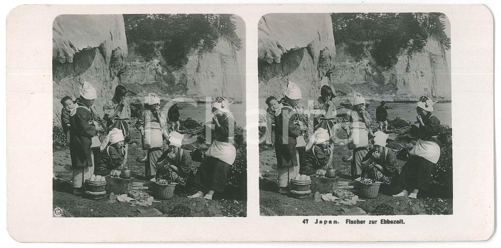 1910 ca JAPAN - Fischer zur Ebbezeit - ETHNIC Stereoview n° 47  Fotografia stereoscopica d'epoca.EDITORE: NPG  GOOD/buono  Formato: 18x9 cm originale e autentica 1