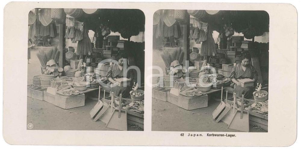 1910 ca JAPAN - Korbwaren-Lager - ETHNIC Stereoview n° 42  Fotografia stereoscopica d'epoca.EDITORE: NPG  GOOD/buono  Formato: 18x9 cm originale e autentica 1
