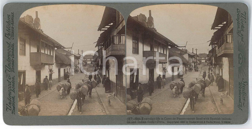 1910 ca PERU Everyday life in CERRO DE PASCO street lined *Stereoview 9244 Fotografia stereoscopica d'epoca, su cartoncino rigido, n&deg; 9244.EDITORE: Underwood &amp; Underwood  GOOD/buono  Formato: 18x9 cm originale e autentica 1