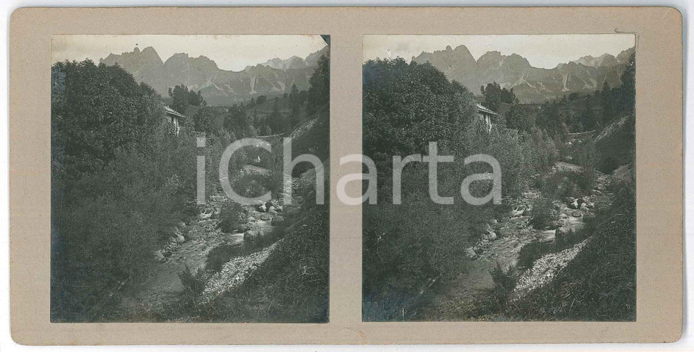 Agosto 1913 CORTINA D'AMPEZZO - Torrente - Foto stereoscopica Fotografia stereoscopica d'epoca, su cartoncino rigido.Didascalia manoscritta al verso. GOOD/buono  Formato: 18x9 cm originale e autentica 1