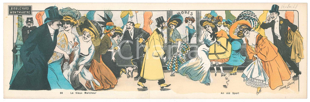1910 Xavier SAGER - PARIS Bd MONTMARTRE Le vieux marcheur - Carte postale double  Cartolina postale d'epoca, realizzata in formato doppio.Non viaggiata. GOOD/buono  Formato: 28x9 cm originale e autentica 1