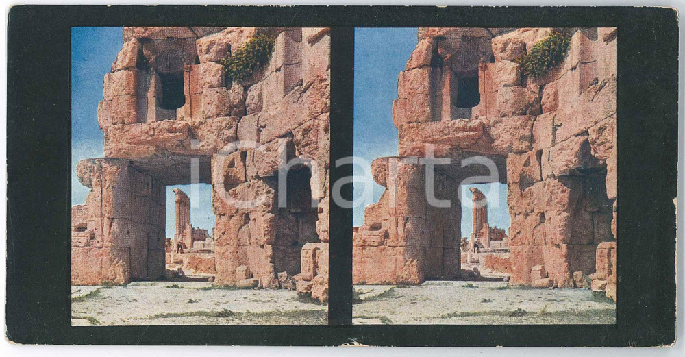 1910 ca BAALBEK (LEBANON) Temple of Jupiter - Stereoview 169 Fotografia stereoscopica d'epoca, su cartoncino morbido.EDITORE:  Chromoplast-Bild n&deg; 171  FAIR/discreto lievi abrasioni marginali Formato: 18x9 cm originale e autentica 1