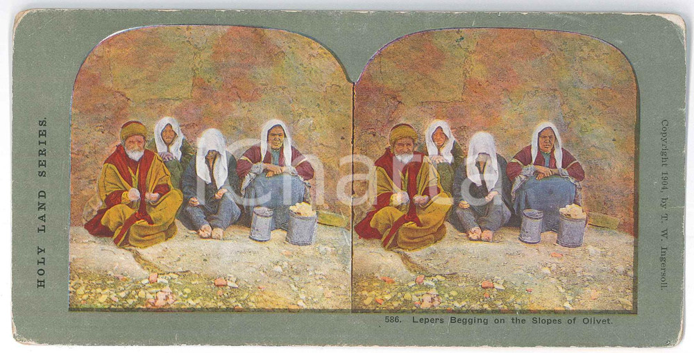 1904 PALESTINE Lepers Begging on the Slopes of Olivet *Stereoview HOLY LAND 586 Fotografia stereoscopica d'epoca, su cartoncino morbido.EDITORE:  T. W. Ingersoll  FAIR/discreto lievi abrasioni marginali Formato: 18x9 cm originale e autentica 1