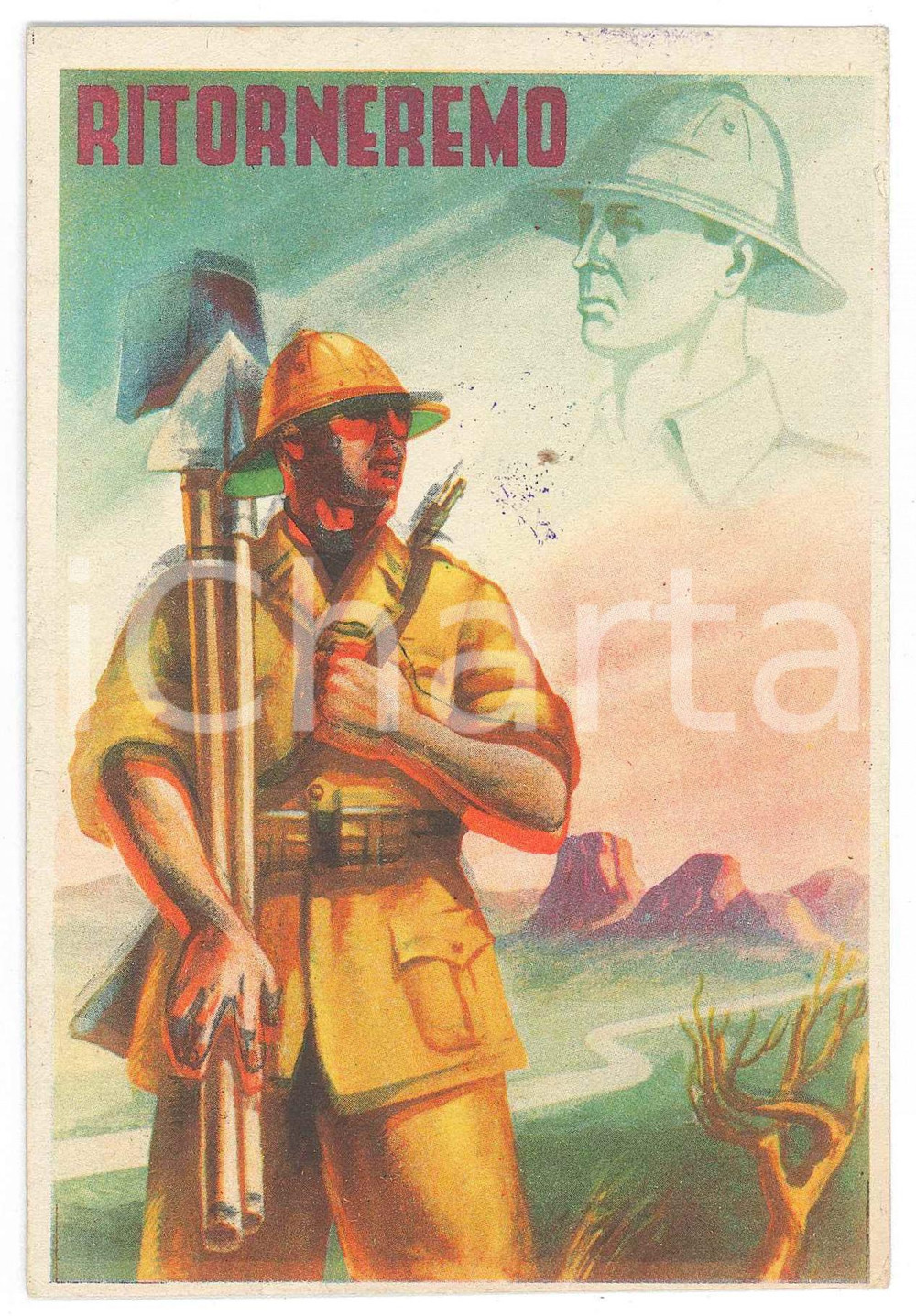 1943 A.O.I. Società Dante Alighieri IV Giornata Italiani nel mondo - Cartolina Cartolina d'epoca, viaggiata.  FAIR/discreto Lievi smussature agli angoli, difetti di stampa, lievi macchie di inchiostro al recto Formato: FG originale e autentica 1