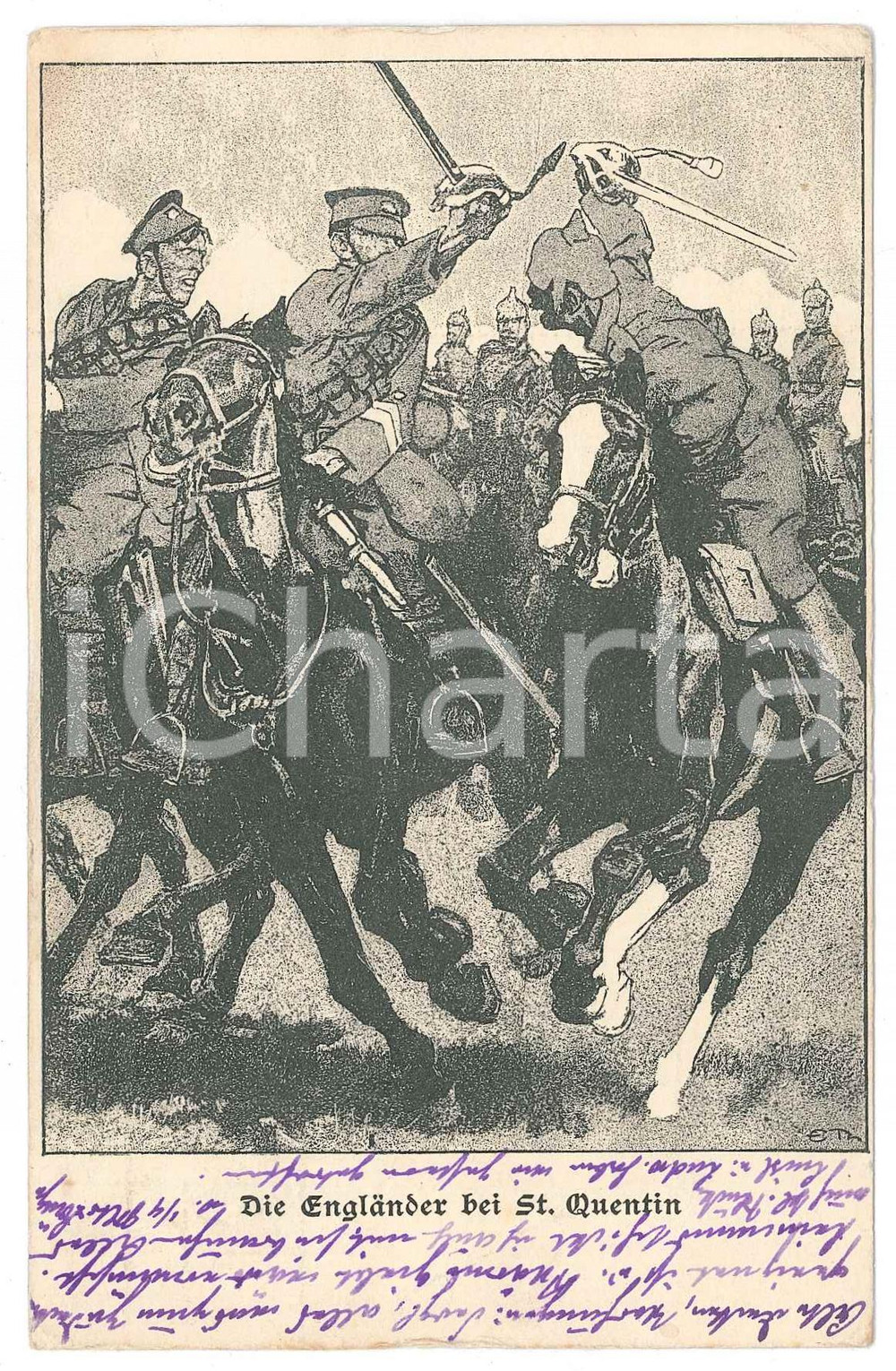 1914 Artist Eduard THONY Die Englander bei St. Quentin - Kriegspostkarten HURRAH Cartolina postale d'epoca, viaggiata.  FAIR/discreto Lievi smussature agli angoli Formato: FP originale e autentica 1