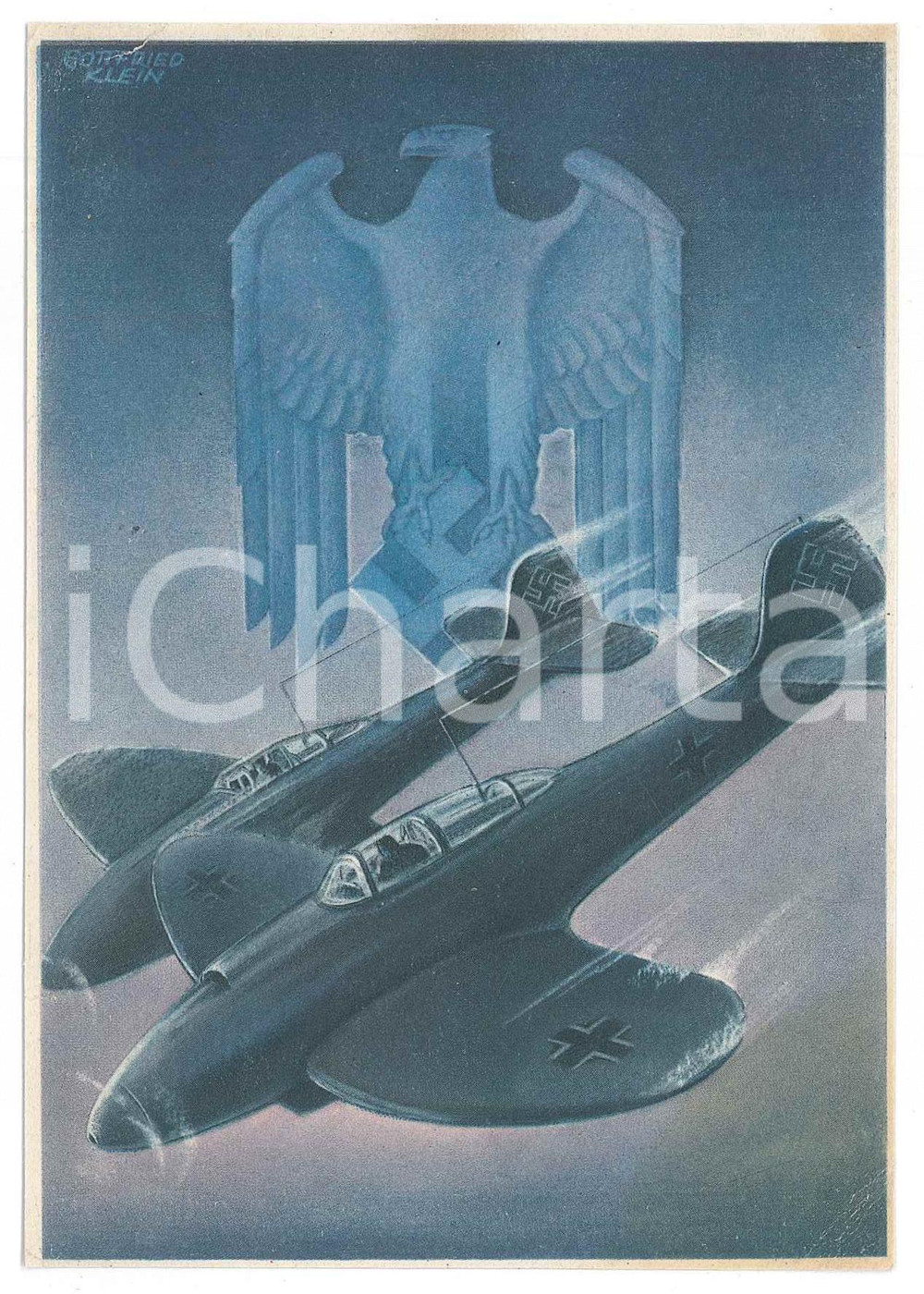 1930 ca Artist Gottfried KLEIN Lutwaffe - Die deutsche wehrmacht - Postcard FG  Cartolina d'epoca, non viaggiata. POOR/danneggiato Piegatura all'angolo inferiore destro, crepa all'angolo superiore sinistro, alone al verso Formato: FG originale e autentica 1