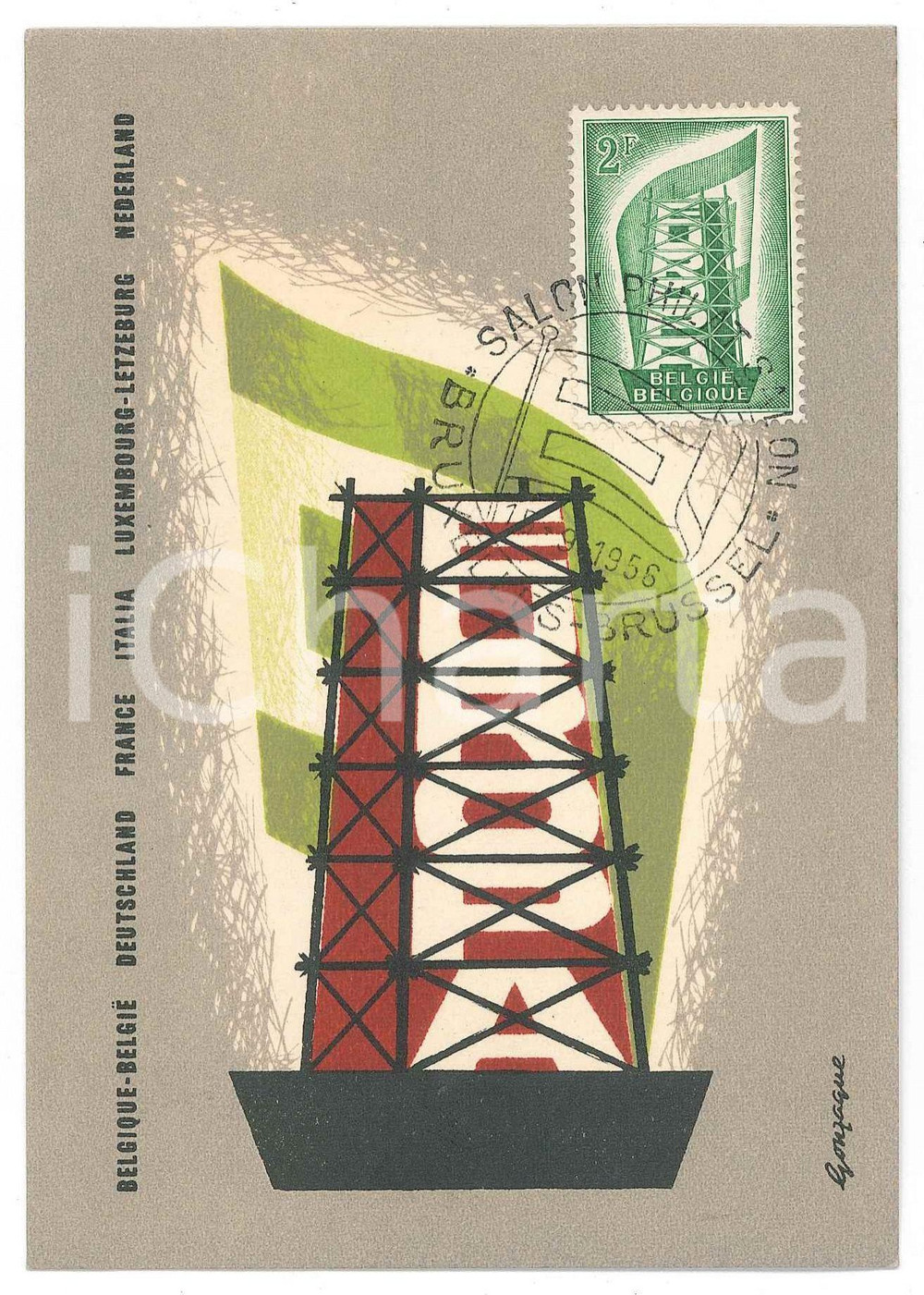1956 BRUXELLES Emissione Europa-CEPT Cartolina timbro primo giorno FG Cartolina d'epoca, con affrancatura annullata il primo giorno di emissione del francobollo durante il Salon Philatelique di Bruxelles.  FAIR/discreto Lievi smussature agli angoli Formato: 15x10 originale e autentica 1