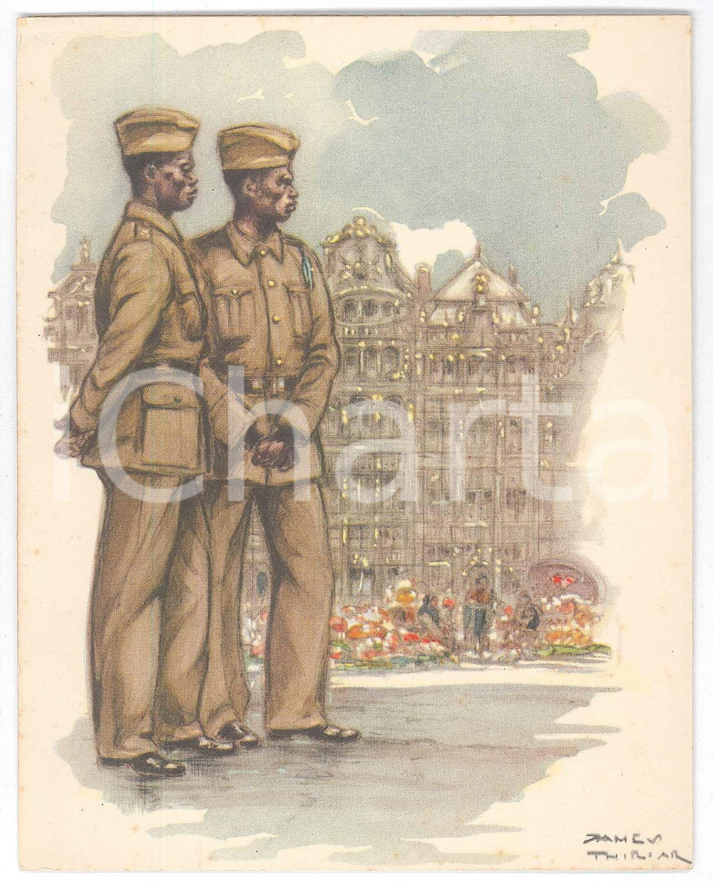 1950 ca CONGO BELGE Force Publique - Billet Noel ill. James THIRIAR  Biglietto originale d'epoca, su quattro facciate. POOR/danneggiato fioriture interne Formato: 12x15 cm originale e autentica 1