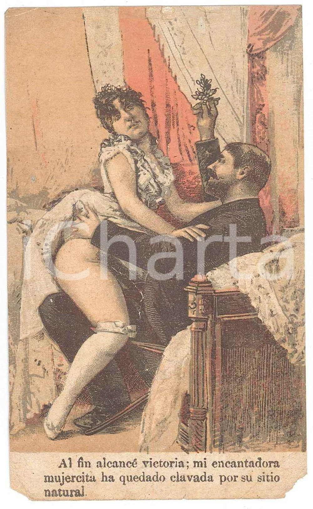 1910 ca SPAIN - VINTAGE EROTIC Couple on a chair *Engraving 8x12 cm  Stampa originale d'epoca. FAIR/discreto due piccole mancanze angolari Formato: 8x12 cm originale e autentica 1