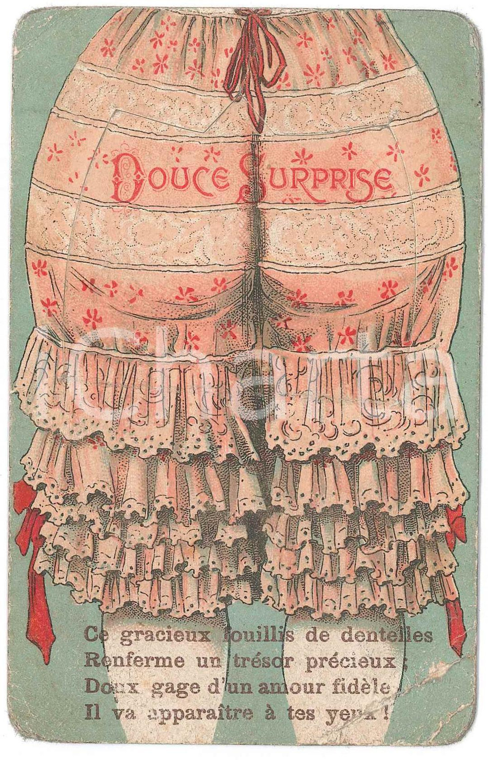 1907 FRANCE - VINTAGE EROTIC - Douce surprise - Postcard window  Cartolina originale d'epoca, con apertura a finestrella e un cuore con dedica sottostante.Viaggiata. POOR/danneggiato piegature angolari Formato: 8x12 cm originale e autentica 1