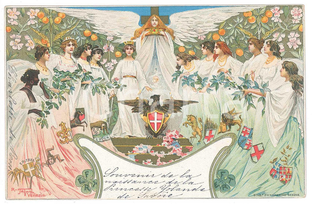 1901 Artista Raffaele TAFURI Nascita di Jolanda di Savoia - Cartolina ILLUSTRATA  Cartolina postale d'epoca, viaggiata. FAIR/discreto Smussature agli angoli Formato: 14x9 cm originale e autentica 1