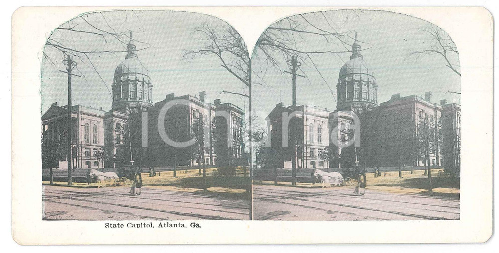1900 ca USA ATLANTA (GEORGIA) State Capitol *Chromolithograph Stereoview Fotografia stereoscopica d'epoca, in cromolitografia, su cartoncino.  GOOD/buono  Formato: 18x9 cm originale e autentica 1