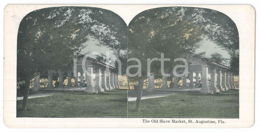 1900 ca USA ST. AUGUSTINE (FLORIDA) The Old Slave Market *Stereoview Fotografia stereoscopica d'epoca, in cromolitografia, su cartoncino.  GOOD/buono  Formato: 18x9 cm originale e autentica 1