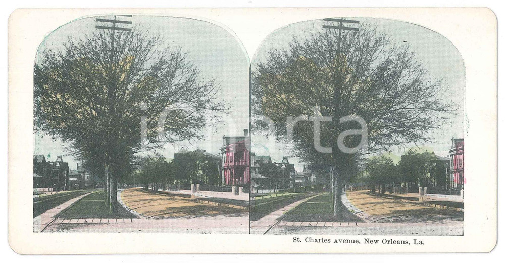 1900 ca USA NEW ORLEANS (LOUISIANA) St. Charles Avenue *Stereoview Fotografia stereoscopica d'epoca, in cromolitografia, su cartoncino.  GOOD/buono  Formato: 18x9 cm originale e autentica 1