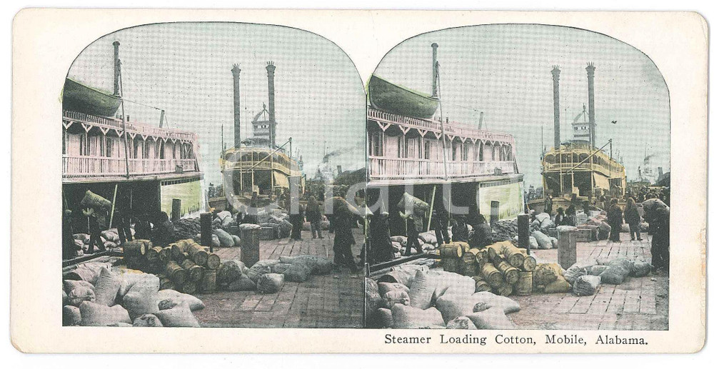 1900 ca USA MOBILE (ALABAMA) Steamer Loading Cotton *Chromolithograph Stereoview Fotografia stereoscopica d'epoca, in cromolitografia, su cartoncino.  GOOD/buono  Formato: 18x9 cm originale e autentica 1