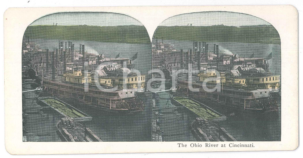1900 ca USA - CINCINNATI - The Ohio River - Ship *Chromolithograph Stereoview Fotografia stereoscopica d'epoca, in cromolitografia, su cartoncino.  GOOD/buono  Formato: 18x9 cm originale e autentica 1