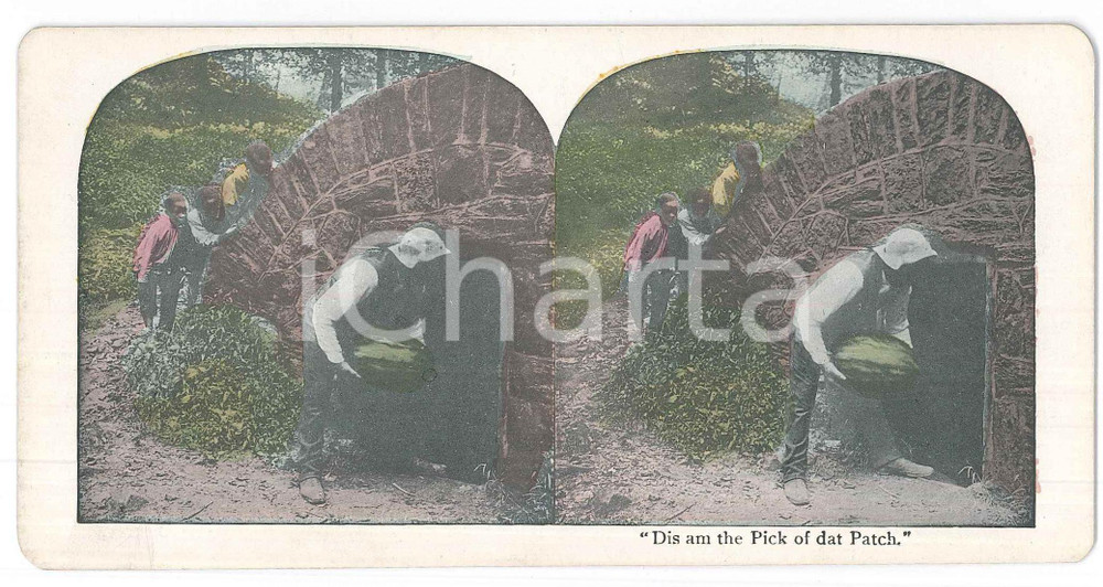 1900 ca USA AFRICAN AMERICANS - Watermelon - “Dis am the Pick of dat Patch" Fotografia stereoscopica d'epoca, in cromolitografia, su cartoncino.  GOOD/buono  Formato: 18x9 cm originale e autentica 1