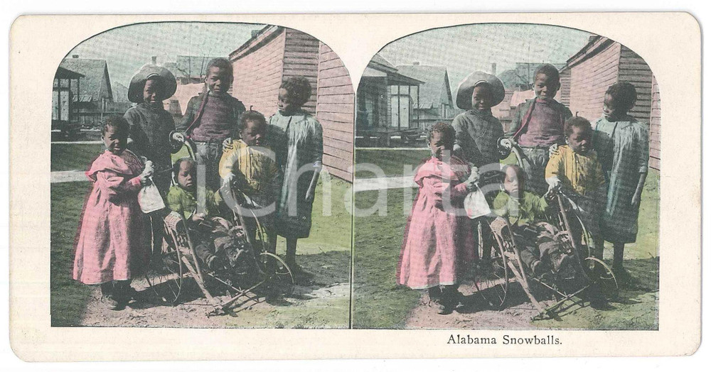 1900 ca SOUTHERN U.S. - AFRICAN AMERICANS children - Alabama Snowballs Fotografia stereoscopica d'epoca, in cromolitografia, su cartoncino.  GOOD/buono  Formato: 18x9 cm originale e autentica 1