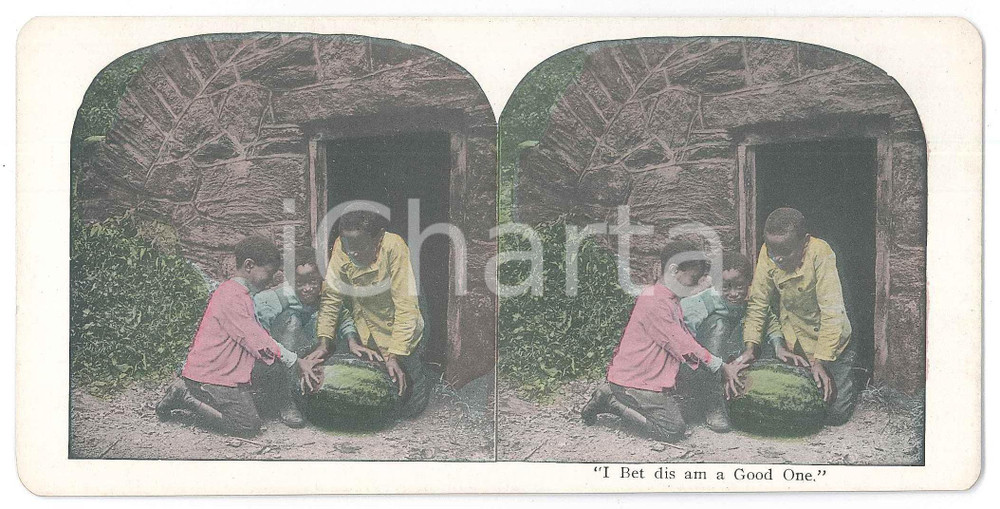 1900 ca USA AFRICAN AMERICANS - Watermelon “I Bet dis am a Good One” Stereoview Fotografia stereoscopica d'epoca, in cromolitografia, su cartoncino.  GOOD/buono  Formato: 18x9 cm originale e autentica 1