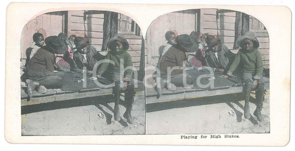 1900 ca SOUTHERN U.S. - AFRICAN AMERICANS children - Playing for High Stakes Fotografia stereoscopica d'epoca, in cromolitografia, su cartoncino.  GOOD/buono  Formato: 18x9 cm originale e autentica 1