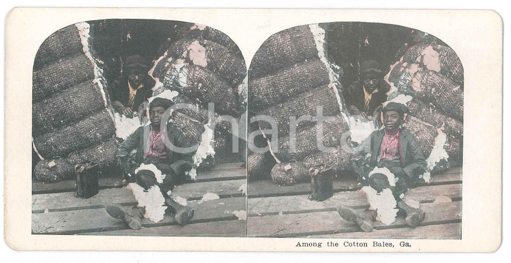 1900 ca USA GEORGIA - AFRICAN AMERICANS - Among the Cotton Bales - Stereoview Fotografia stereoscopica d'epoca, in cromolitografia, su cartoncino.  GOOD/buono  Formato: 18x9 cm originale e autentica 1