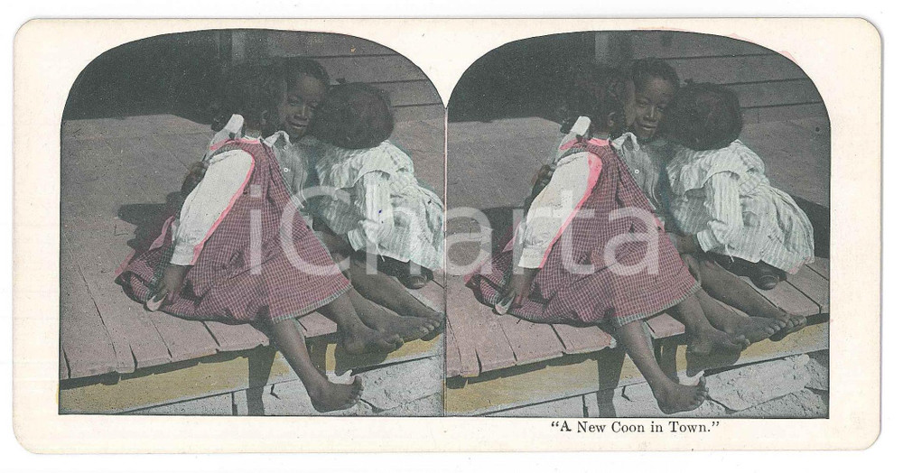 1900 ca SOUTHERN U.S. - AFRICAN AMERICANS children - A New Coon in Town Fotografia stereoscopica d'epoca, in cromolitografia, su cartoncino.  GOOD/buono  Formato: 18x9 cm originale e autentica 1
