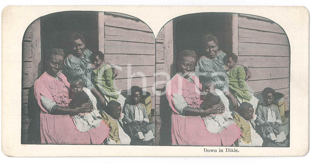 1900 ca SOUTHERN U.S. - AFRICAN AMERICANS - Down in Dixie - Stereoview Fotografia stereoscopica d'epoca, in cromolitografia, su cartoncino.  GOOD/buono  Formato: 18x9 cm originale e autentica 1