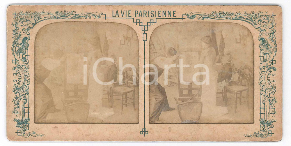 1900 ca VINTAGE EROTIC - Artist and model *Stereoview LA VIE PARISIENNE Fotografia stereoscopica d'epoca, su cartoncino morbido. FAIR/discreto immagine leggermente sbiadita Formato: 18x9 cm originale e autentica 1