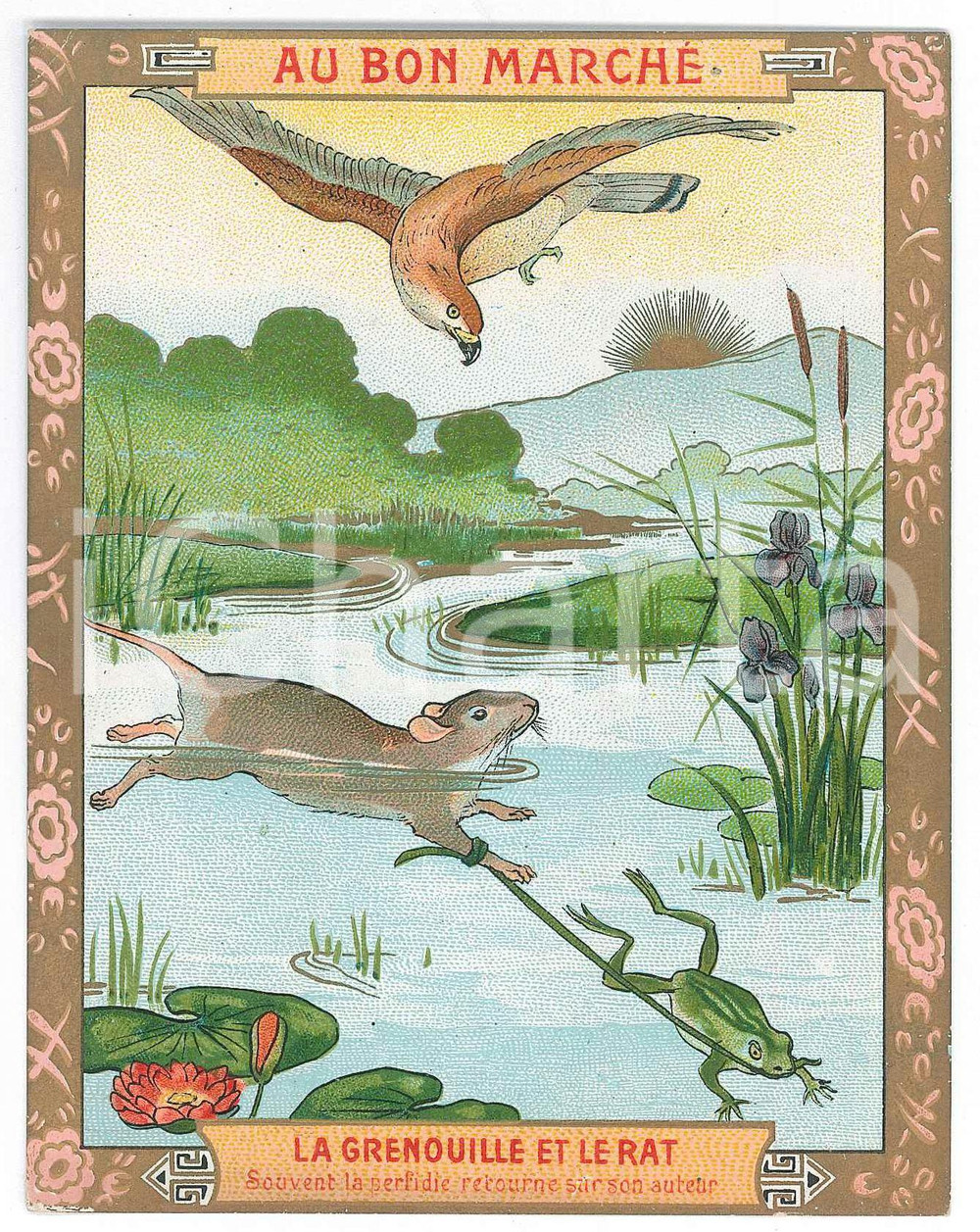 1910 ca PARIS AU BON MARCHE' - La grenouille et le rat - Billet publicitaire  Biglietto pubblicitario d'epoca, con testo della favola al verso. GOOD/buono  Formato: 11x14 cm originale e autentica 1