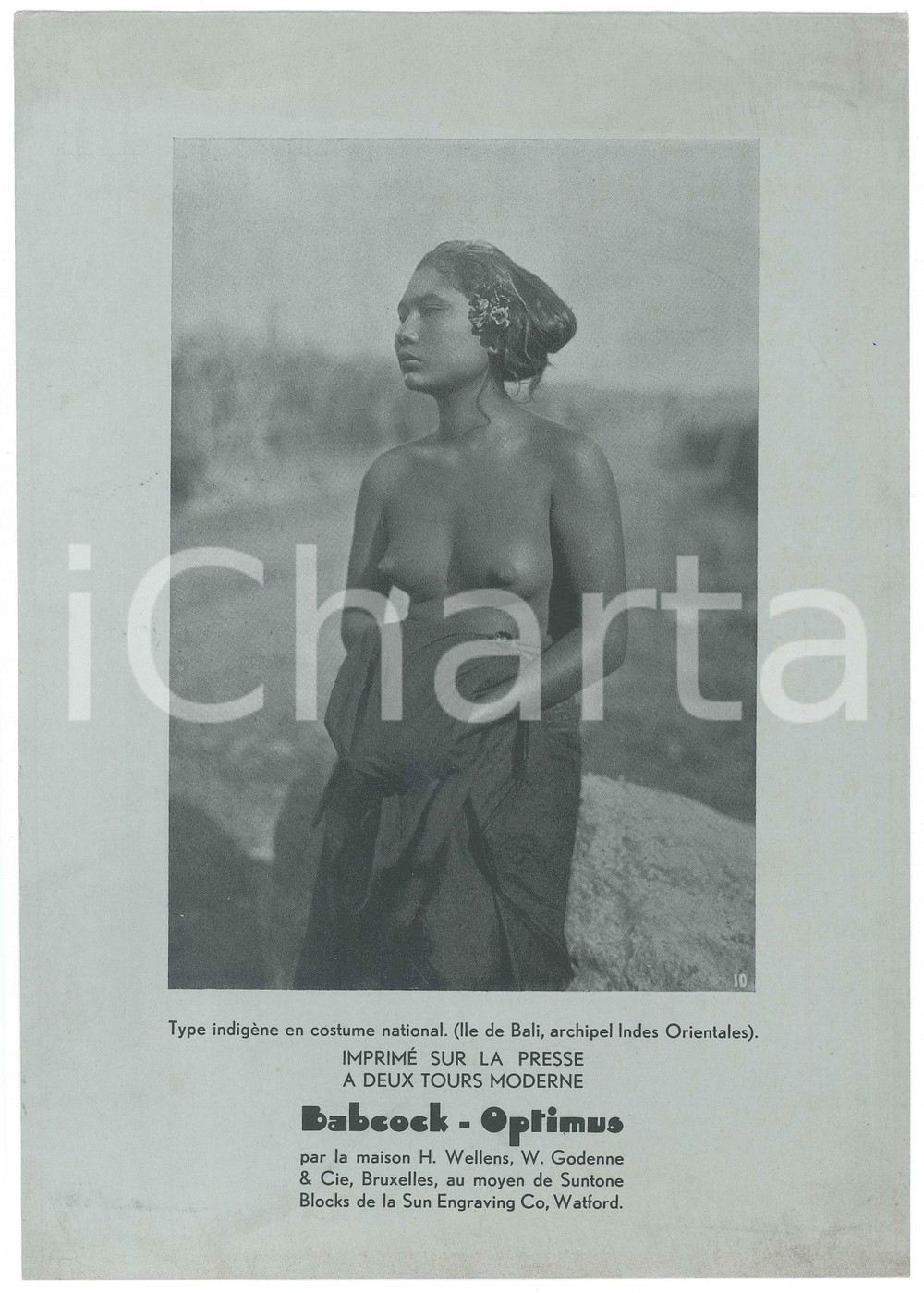 1915 ca ETHNIC NUDE  - BALI - Type indigène - Imprimé presse BABCOCK-OPTIMUS  Stampa originale d'epoca, su cartoncino. FAIR/discreto lievi bruniture; lieve piegatura angolare Formato: 21x30 cm originale e autentica 1