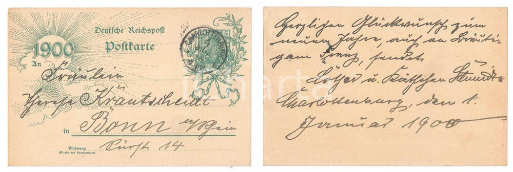 1899 GERMANY DEUTSCHE REICHSPOST - Postkarte 1900 Jahrhundert - 5 Pf. (2)  Cartolina postale d'epoca, realizzata per celebrare il passaggiio al XX secolo, viaggiata. GOOD/buono  Formato: 14x9 cm originale e autentica 1