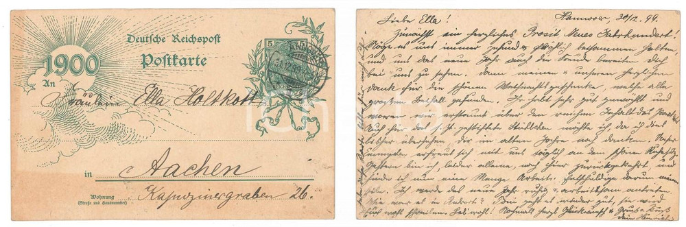 1899 GERMANY DEUTSCHE REICHSPOST - Postkarte 1900 Jahrhundert - 5 Pf. (1)  Cartolina postale d'epoca, realizzata per celebrare il passaggiio al XX secolo, viaggiata. FAIR/discreto ingiallimento al margine inferiore Formato: 14x9 cm originale e autentica 1