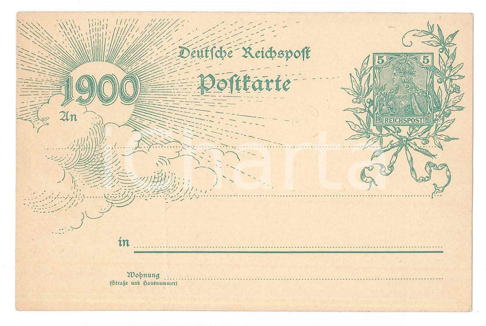 1899 GERMANY DEUTSCHE REICHSPOST - Postkarte 1900 Jahrhundert - 5 Pf. (3)  Cartolina postale d'epoca, realizzata per celebrare il passaggiio al XX secolo, non viaggiata. POOR/danneggiato piegatura verticale Formato: 14x9 cm originale e autentica 1