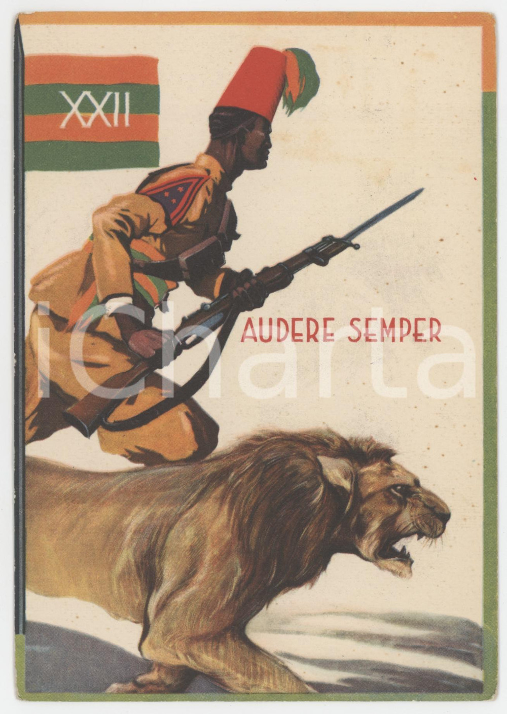 1940 ca AOI XXI Battaglione indigeni dell'ERITREA - Soldato e leone - Cartolina Cartolina d'epoca, non viaggiata.  FAIR/discreto Lievi smussature agli angoli, bruniture Formato: 10x15 cm originale e autentica 1