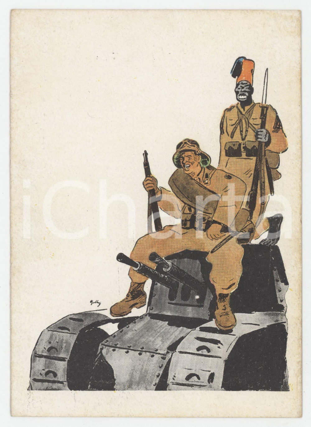 1935 ca WW2 Soldato con fez su carro armato - Cartolina Ed. Travaso delle idee Cartolina illustrata d'epoca.   FAIR/discreto Lievi smussature agli angoli, ingialliture Formato: 10x14 cm originale e autentica 1