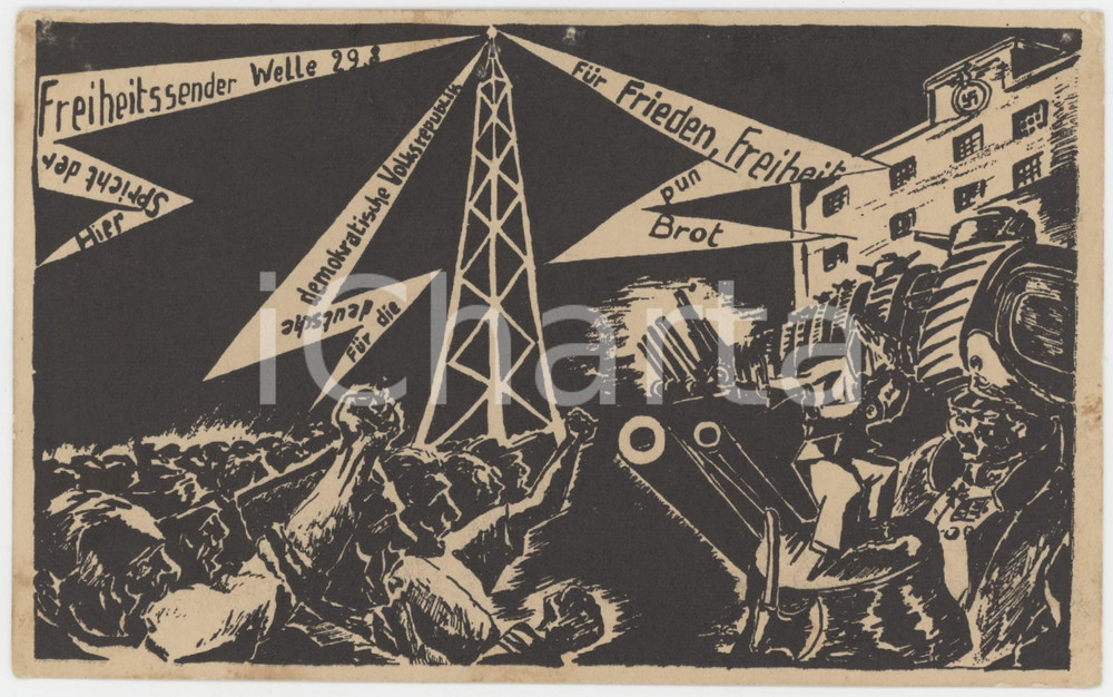 1937 MADRID Deutscher Freiheitssender 29.8 FUR FRIEDEN, FREIHEIT, BROT Postcard Cartolina d'epoca.   POOR/danneggiato Gualciture agli angoli, forellini da affissioni, ingialliture Formato: 15x9 cm originale e autentica 1