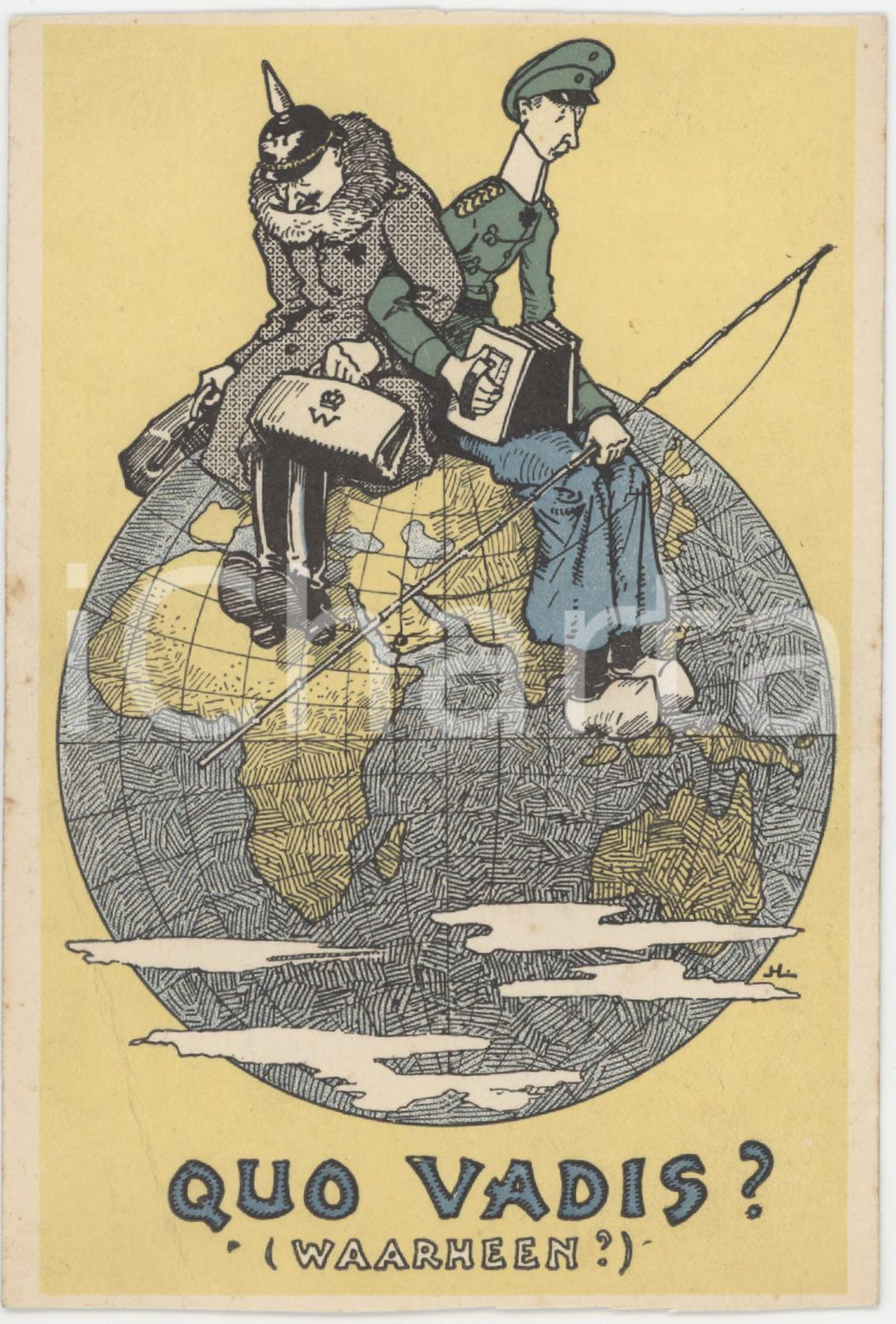 1915 ca WW1 - GERMANY Kaiser Wilhelm II QUO VADIS? Illustrated Postcard Cartolina illustrata d'epoca. POOR/danneggiato Smussature agli angoli, profonda piegatura all'angolo inferiore sinistro Formato: 9x14 cm originale e autentica 1