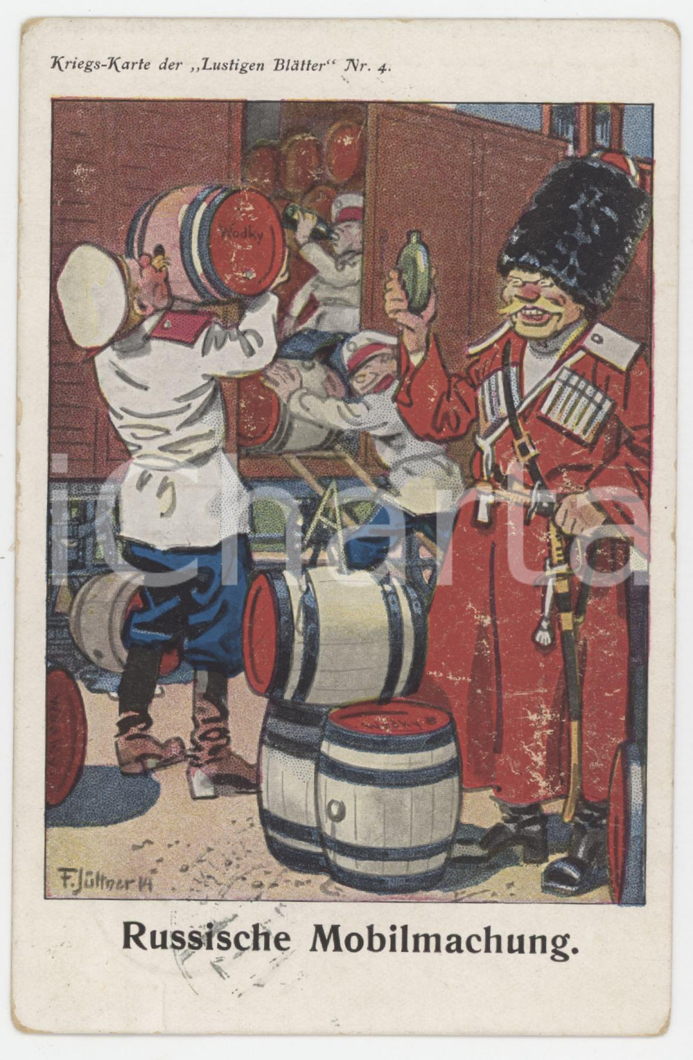 1914 RUSSISCHE MOBILMACHUNG Kriegs-karte der LUSTIGEN BLATTER n.4 Postcard Cartolina d'epoca, viaggiata.  FAIR/discreto Lievi smussature agli angoli Formato: 9x14 cm originale e autentica 1