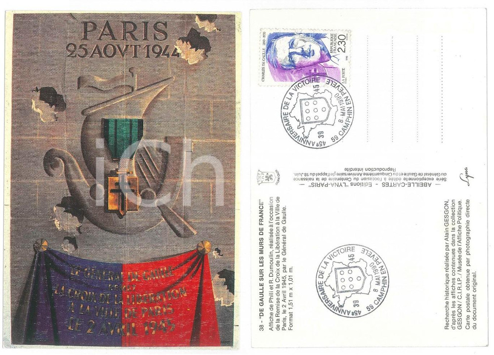 1990 CHAMPIN-DE-PÉVÈLE De Gaulle sur le murs de France 38 - Timbro primo giorno Cartolina d'epoca, non viaggiata ma con affrancatura e timbro primo giorno. FAIR/discreto Lievi smussature agli angoli Formato: 10x14 cm originale e autentica 1
