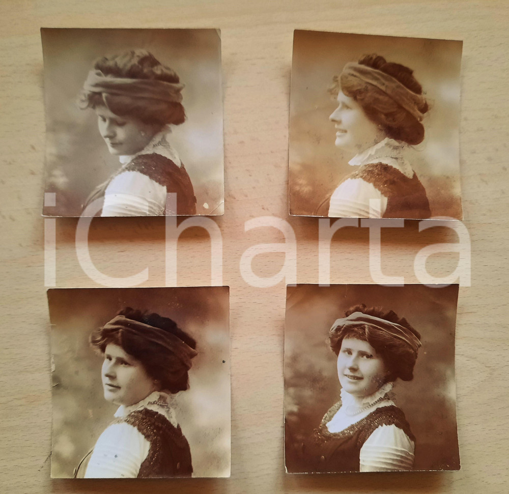 1890 ca ITALIA Ritratto di giovane donna *Lotto 4 foto ARTISTICHE in sequenza Lotto di 4 fotografie originali d'epoca. FAIR/discreto lievi piegature e macchie Formato: 8x8 cm originale e autentica 1