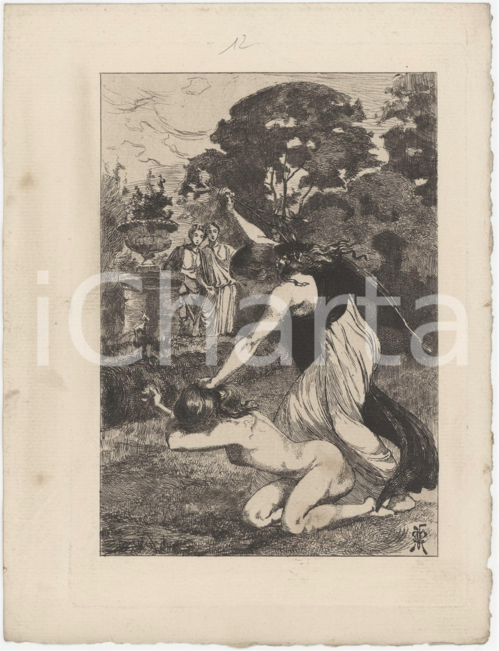 1906 APULÉE "Les Métamorphoses" Punition *Gravure Martin VAN MAELE Tavola originale d'epoca, opera di Martin Van Maele, estratta dalle "Metamorfosi" di Apuleio nell'edizione di Charles Carrington, Paris. FAIR/discreto piccole macchie Formato: 15x21 cm originale e autentica 1