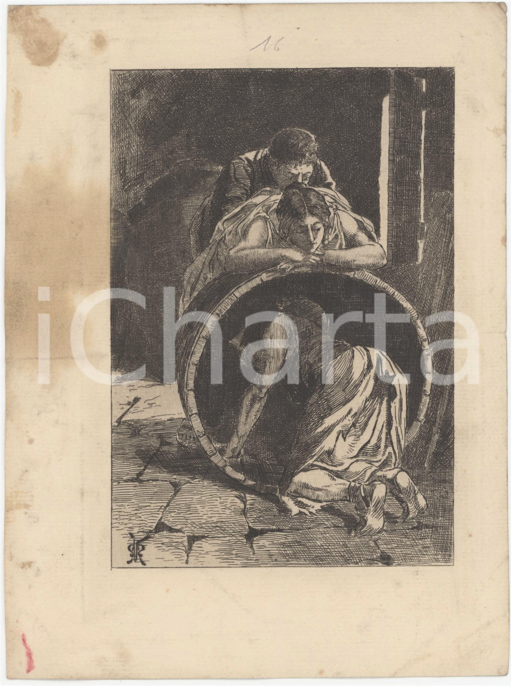 1906 APULÉE "Les Métamorphoses" Scène tonneau *Gravure Martin VAN MAELE Tavola originale d'epoca, opera di Martin Van Maele, estratta dalle "Metamorfosi" di Apuleio nell'edizione di Charles Carrington, Paris. POOR/danneggiato macchie Formato: 15x21 cm originale e autentica 1