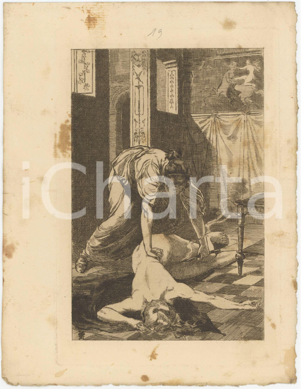 1906 APULÉE "Les Métamorphoses" Femme nue à terre - Gravure Martin VAN MAELE Tavola originale d'epoca, opera di Martin Van Maele, estratta dalle "Metamorfosi" di Apuleio nell'edizione di Charles Carrington, Paris. POOR/danneggiato macchie Formato: 15x21 cm originale e autentica 1