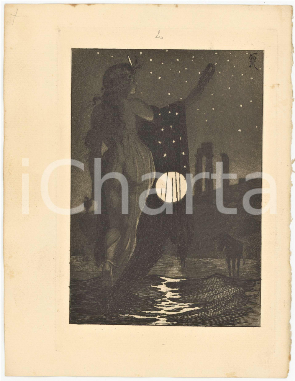1906 APULÉE "Les Métamorphoses" - Nocturne - Gravure Martin VAN MAELE Tavola originale d'epoca, opera di Martin Van Maele, estratta dalle "Metamorfosi" di Apuleio nell'edizione di Charles Carrington, Paris. GOOD/buono  Formato: 15x21 cm originale e autentica 1
