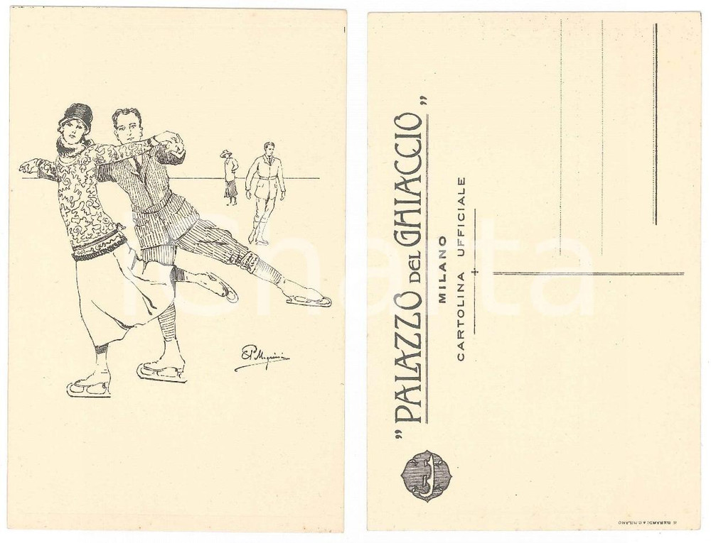 1930 ca MILANO Palazzo del ghiaccio - Illustrazione di PELLEGRINI Cartolina FP Cartolina originale d'epoca.  FAIR/discreto Lievi bruniture ai margini Formato:  13x9 cm originale e autentica 1