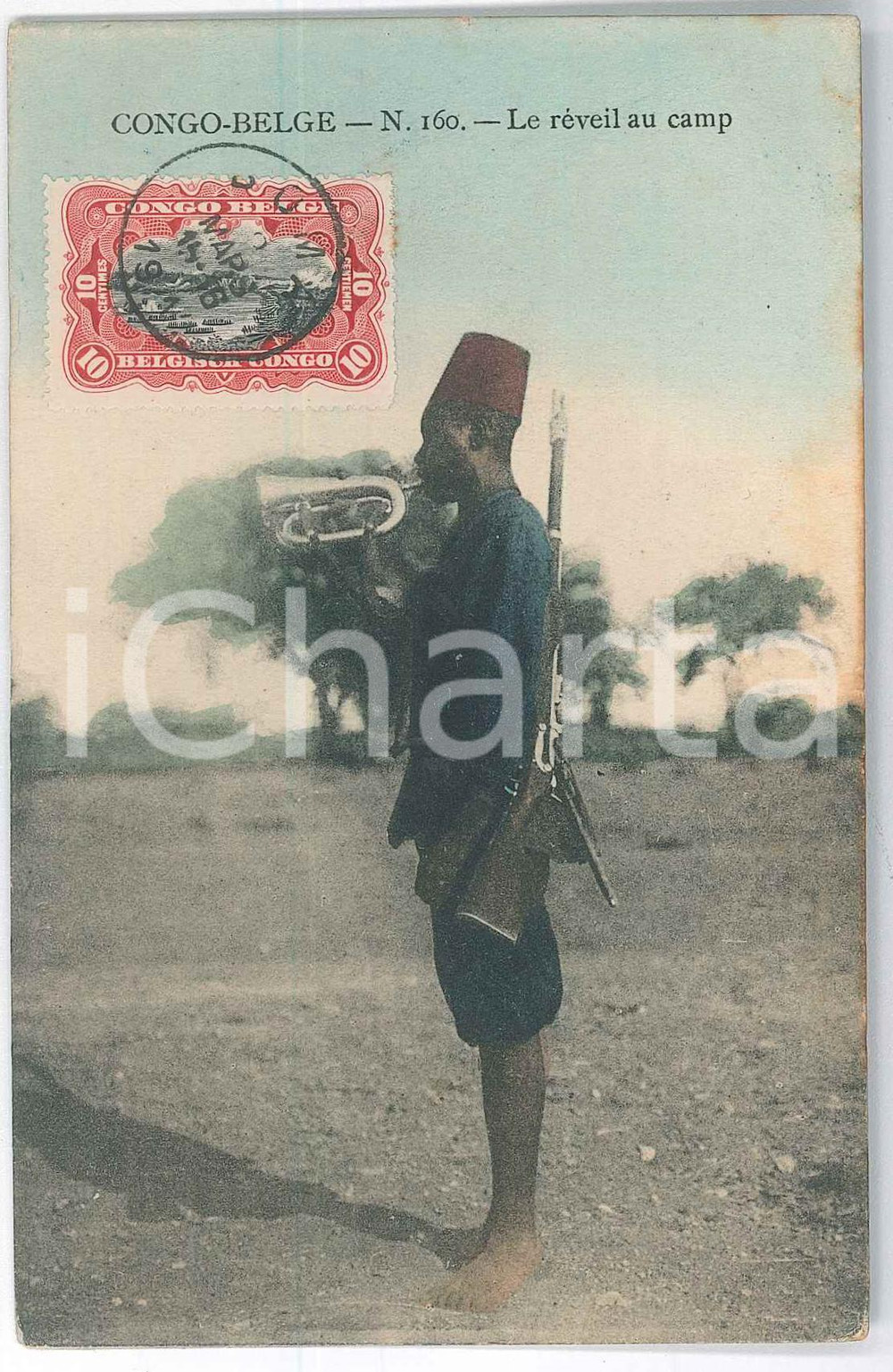 1911 CONGO BELGE Le réveil au camp - Carte postale n. 160 - FP VG Cartolina d'epoca.  FAIR/discreto Smussature e bruniture ai margini Formato: 9x14 cm originale e autentica 1