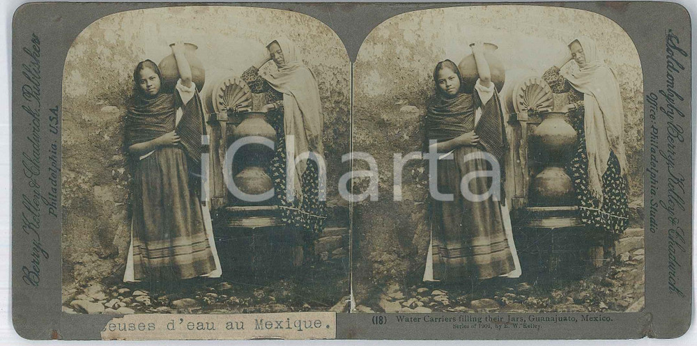 1906 GUANAJUATO Water carriers - Stereoscopic photo BERRY, KELLY AND CHADWICK Fotografia stereoscopica d'epoca.EDITORE: Berry, Kelly and Chadwick - Philadelphia  FAIR/discreto Bruniture diffuse, piccolo strappo al margine inferiore, scritte al verso Formato: 18x9 cm originale e autentica 1
