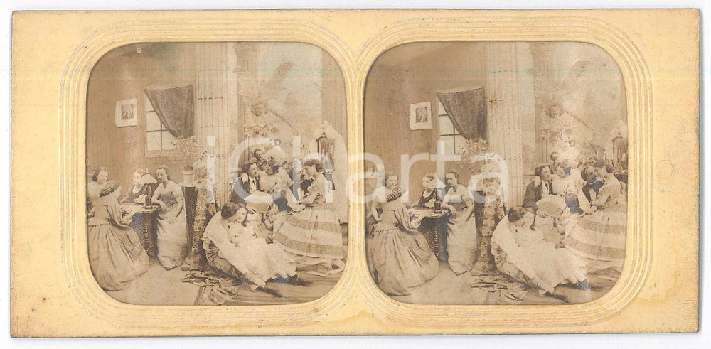 1890 ca FRANCIA - COSTUME - Festa in casa - Coppie di amanti *Foto stereoscopica Fotografia stereoscopica d'epoca, su cartoncino rigido. GOOD/buono minime macchie Formato: 18x9 cm originale e autentica 1