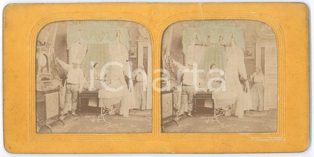 1890 ca FRANCIA - COSTUME - Puerpera e neonato - Foto stereoscopica Fotografia stereoscopica d'epoca, su cartoncino rigido. GOOD/buono  Formato: 18x9 cm originale e autentica 1